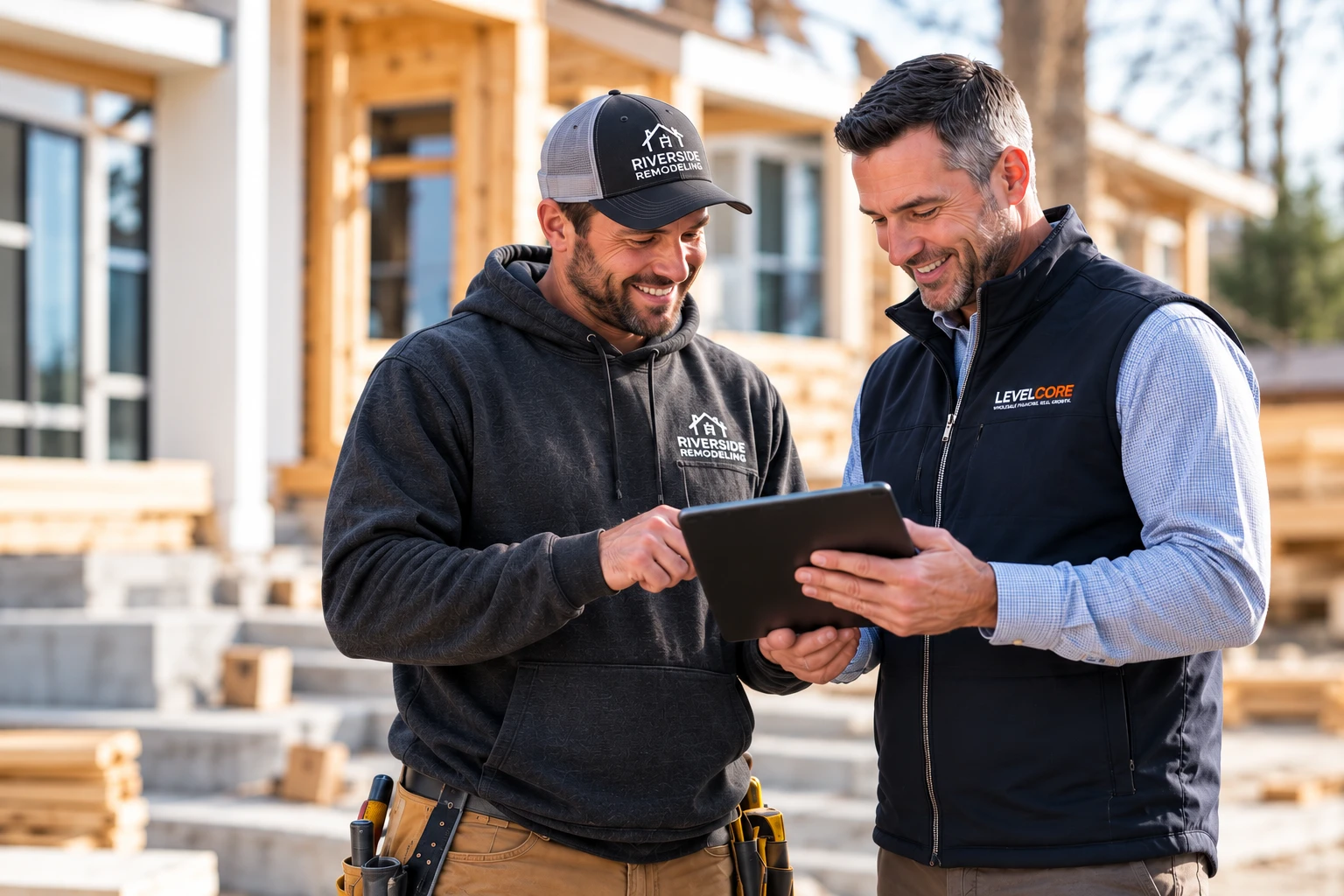 A LevelCore partner and contractor reviewing a tablet together at a job site